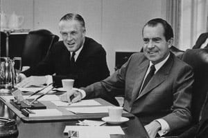 HUD Secretary George Romney and President Richard Nixon during a Cabinet meeting on June 23, 1969. (Jack E. Kightlinger/National Archives and Records Administration)