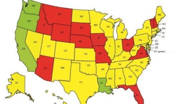 States in green have done the best job of improving traffic safety by adopting protective laws, according to a report card by Advocates for Highway and Auto Safety. Red states were rated worst in the group’s rankings and yellow states are in between.