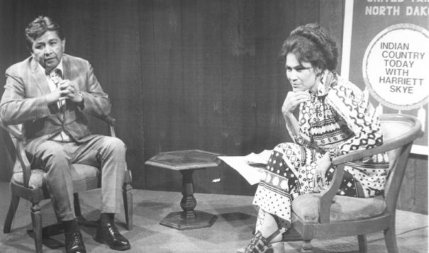 The late Harriett Skye on the set of Indian Country Today, a TV talk show she hosted from 1973-1984. Skye interviewed local, regional and national leaders on contemporary news and events making her one of the few talk show hosts in Native media history.  PHOTO COURTESY DENNIS NEUMANN