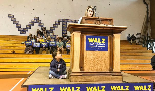 Rep. Peggy Flanagan speaking at a campaign event. She Tweeted: "My fave photo from our kickoff. I'm running for my little girl and all girls who deserve to be seen, heard and valued." (Photo via Twitter)
