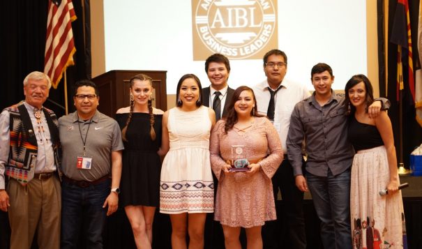 Members of UM’s chapter of American Indian Business Leaders attended the national AIBL conference in Arizona in April and took first-place in the business plan competition. From left: AIBL Faculty Adviser Larry Gianchetta, Craig Brown, Lauren Clairmont, Jordynn Paz, Terydon Hall, Courtney Little Axe, Richard Mittens, Zachary Wagner and AIBL Executive Director Prairie Bighorn.