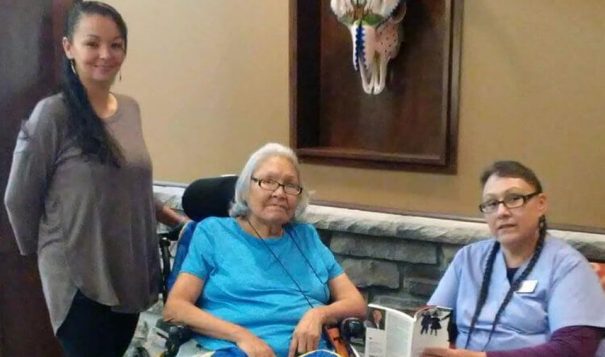 Oglala Sioux Lakota Nursing Home Activities Director Jacque Knight, resident Bernadine Elk Boy and CNA April Two BullsOGLALA SIOUX LAKOTA NURSING HOME