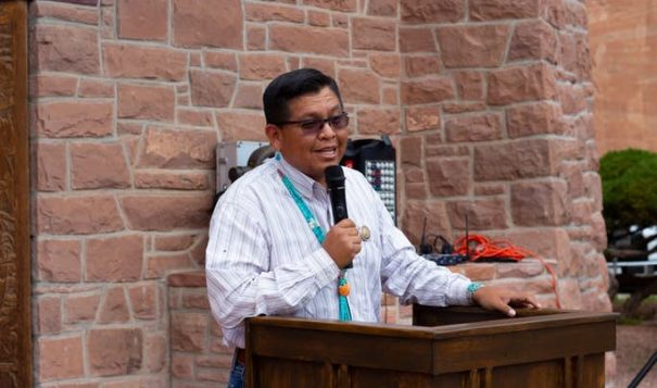 Council Delegate Steven Begay thanks BIA Navajo Regional Director Sharon Pinto for her service in Window Rock, Ariz. on Aug. 16, 2018. (Photo by the Navajo Nation Council | Facebook)