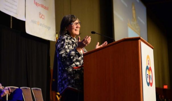 Alaska Lt. Gov. Valerie Nurr’araaluk Davidson speaking at the Alaska Federation of Natives convention last month. She said every community in Alaska has benefited from Medicaid expansion. (Photo: Alaska Federation of Natives)