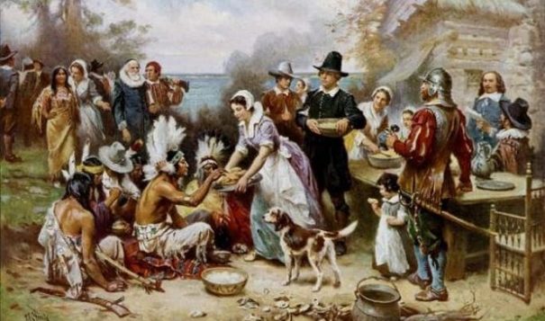 This is a popular image of the first Thanksgiving, a painting by Jean Leon Gerome Ferris. But this is definitely NOT what happened.