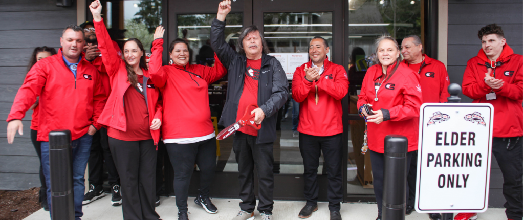 Commencement-Bay-Cannabis-in-Tacoma-Washington-Puyallup-tribe-native-american-men-and-women-wearing-red-jackets-grand-opening