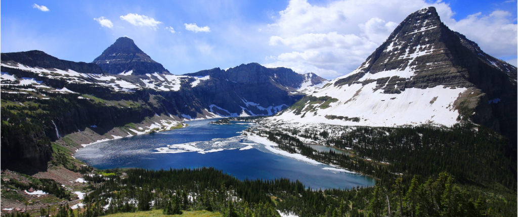 Glacier National Park landscape mountain peak lake forest blue sky beautiful
