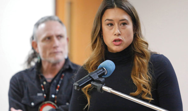 Editorial Board members MIa Prickett, front and Monty Herron make a presentation during the Tribal Council meeting in the Community Center on Sunday, Dec.2.