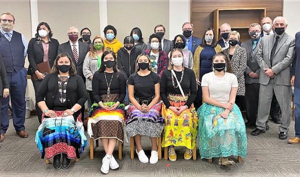 White Shield students join a North Dakota legislative committee on March 24 after 11-3 do-pass recommendation of a Native history bill. Students met with the Legislature's House of Representatives Education Committee. PHOTO COURTESY/Rep. Ruth Buffalo.