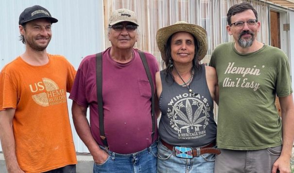 Alex White Plume and Winona LaDuke (center) pose with contributors to recent hemp education forum in Indian country, Roman Vyskocil (left) and George D. Weiblen (right).
(COURTESY / Keri Pickett)