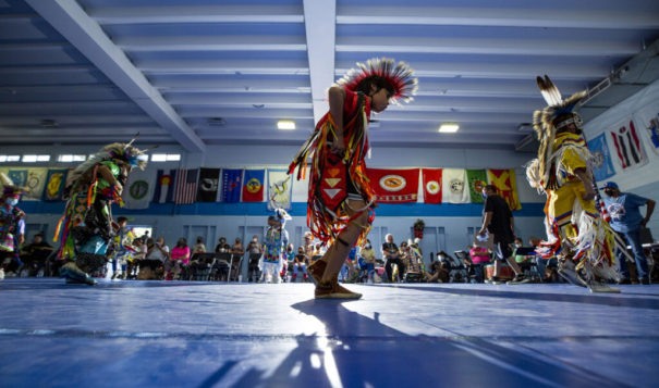Raul (10) competes in a grass dance competition at the Denver Art Museum Friendship Powwow and American Indian Cultural Celebration at the Denver Indian Center on Morrison Road. Sept. 12, 2021.
