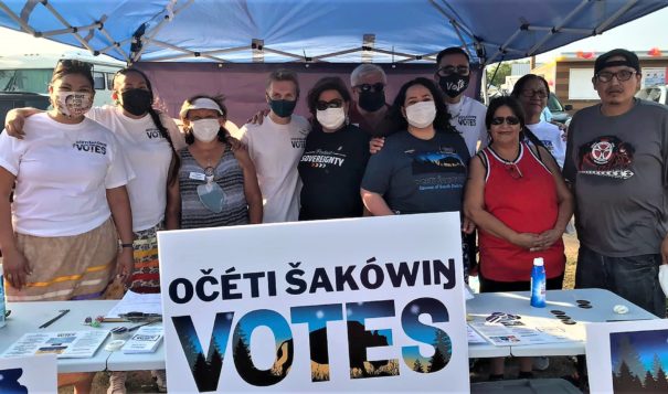 At a powwow on the Crow Creek Sioux Reservation, Native voting rights advocates  promoted participation in redistricting. PHOTO CREDIT/Očéti Šakówiŋ Caucus