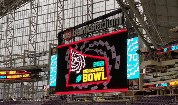 Indigenous Bowl logo on the jumbotron at U.S. Bank Stadium, Minneapolis, Minnesota (Photo by Kolby KickingWoman, Indian Country Today)