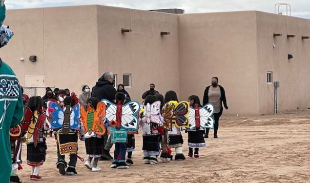 Children from the Pueblo of Jemez's Early Childhood Program performing the butterfly dance on March 17. (Photo by Kalle Benallie, Indian Country Today)
