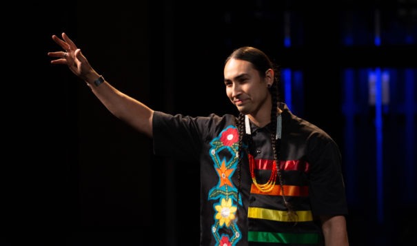 Diné, Oglala Lakota and Omaha Comedian Tatanka Means opens his set at NSO Entertainment’s third sold-out Native Comedy Jam Saturday, Feb. 5, 2022, at the Performing Arts and Event Center in Federal Way, Wash. Means was named The National Indian Gaming Association’s Entertainer of the Year for 2018 and will be playing John Wren in the Martin Scorsese film “Killers of the Flower Moon” set to release this year. (Natasha Brennan/McClatchy)

