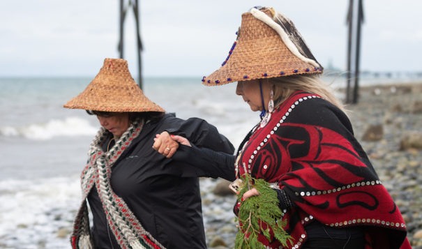 Lummi Tribal members Ellie Kinley, left, and Raynell Morris, president and vice president of the non-profit Sacred Lands Conservancy known as Sacred Sea, lead a prayer for the repatriation of southern resident orca Sk’aliCh’elh-tenaut — who has lived and performed at the Miami Seaquarium for over 50 years — to her home waters of the Salish Sea at a gathering Sunday, March 20, 2022, at the sacred site of Cherry Point in Whatcom County, Wash.

The Bellingham Herald