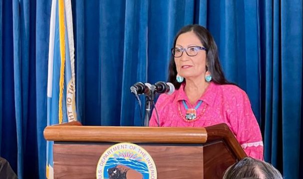 Interior Secretary Deb Haaland at the Interior Department's press conference on its federal boarding school investigation in Washington, D.C. on Wednesday, May 11, 2022. (Photo by Jourdan Bennett-Begaye, Indian Country Today)

Indian Country Today