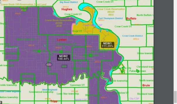 Bounded by the Missouri River on the northeast and the White River on the south, Lyman County has a new 95.6-percent Native voting-age District 1 (gold color) to elect two commissioners from the reservation area. Its new District 2 (purple color) will elect three commissioners.