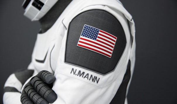 A SpaceX launch and entry suit bears an American flag, and the name of NASA Astronaut Nicole Mann, who will serve as the commander of NASA's SpaceX Crew-5 mission to the International Space Station. (Photo courtesy of NASA)