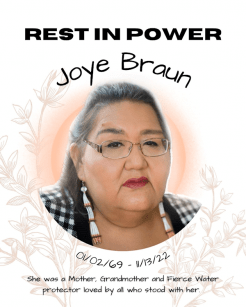 Joye Braun was a mother, grandmother, and fierce water protector loved by all who stood with her. (Photo: Indigenous Environmental Network)