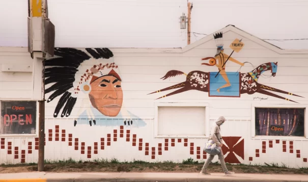 A mural on a building in Browning, Montana which is on the Blackfeet Indian Reservation (Tony Bynum | Kaiser Health News).