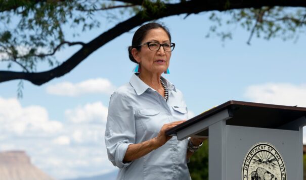 Interior Secretary Deb Haaland visits the Grand Junction Air Center Complex on Friday to discuss her agency's response to wildfires and the Bureau of Land Management headquarters move to Grand Junction on Friday, July 23, 2021, in Grand Junction, Colo. (McKenzie Lange/The Grand Junction Daily Sentinel via AP)