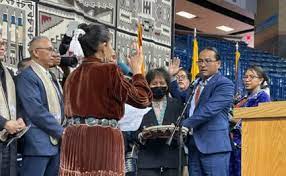Buu Van Nygren is sworn in as Navajo Nation president during a ceremony, Jan. 10, 2023 in Fort Defiance, Arizona. Van Nygren is the youngest person elected to the position. (Pauly Denetclaw, ICT)