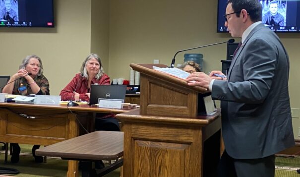 Montana Sen. Shane Morigeau, Salish, presents the details of his bill to establish Indigenous Peoples Day as a statewide holiday, replacing Columbus Day, during a public hearing in Helena, Montana Wednesday. (JoVonne Wagner/ICT, Montana Free Press)