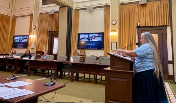 Roberta Duckhead Kittson Nyomo spoke in support of the Montana Indian Child Welfare Act, House Bill 317, on Wednesday, March 22, 2023 in Helena, Montana. (JoVonne Wagner/ICT, Montana Free Press)