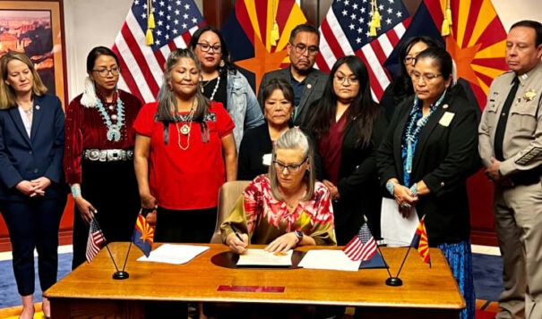Gov. Katie Hobbs signed an executive order to establish the Missing and Murdered Indigenous Peoples Task Force on March 7, 2023. (Photo by Shondiin Silversmith, Arizona Mirror)