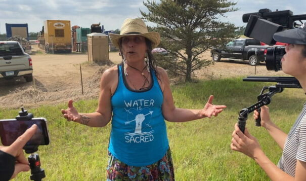 Winona LaDuke, founder and then-executive director of Honor the Earth, speaks about a protest march on June 7, 2021, to stop construction of Enbridge's Line 3 pipeline project in northern Minnesota. (Photo by Mary Annette Pember/ICT)