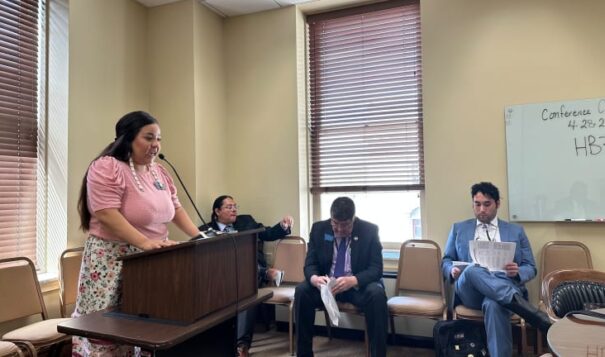 Sharen Kickingwoman, Blackfeet and A’anniii, representing the American Civil Liberties Union of Montana, speaks during public comment to the conference committee on April 28, 2023. (JoVonne Wagner, ICT and MTFP)