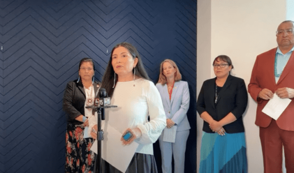 Navajo Attorney General Ethel Branch and others at a news conference in Phoenix on Friday, May 19, 2023. (YouTube Screen grab)