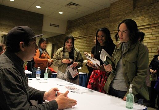 Tommy Orange (left) and Kayla Alkire-Stewart discuss storytelling during a book signing event at Belle Mehus Auditorium on April 28. Photo by: Jodi Rave Spotted Bear