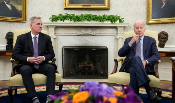 After weeks of negotiations, President Joe Biden and House Speaker Kevin McCarthy — shown here in the Oval Office on May 22, 2023 — have struck an agreement to avert a potentially devastating government default. The stakes are high for both men, who will now have to persuade lawmakers in their parties to vote for the deal. (AP Photo/Alex Brandon)