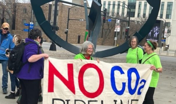 Opponents of liquid carbon pipelines rally Nov. 9, 2022, in Cowles Commons in downtown Des Moines. (Kathie Obradovich/Iowa Capital Dispatch)