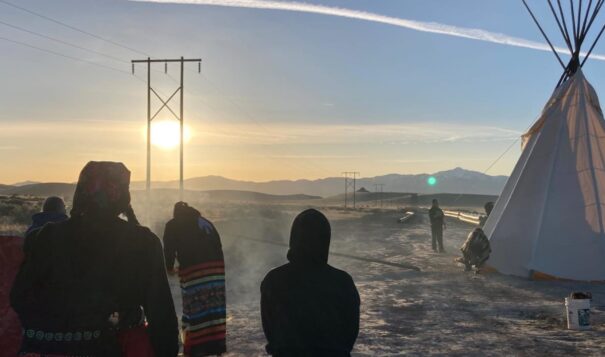 A group of land defenders blocked the public road leading to the Nevada construction site at Thacker Pass in the morning of Thursday, May 11, 2023. (Photo courtesy of Protect Thacker Pass)