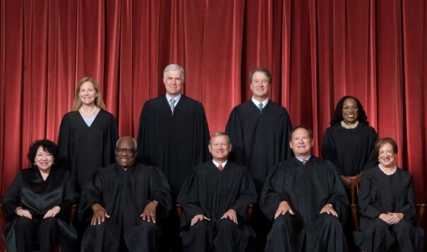 Front row, left to right: Associate Justice Sonia Sotomayor, Associate Justice Clarence Thomas, Chief Justice John G. Roberts, Jr., Associate Justice Samuel A. Alito, Jr., and Associate Justice Elena Kagan.Back row, left to right: Associate Justice Amy Coney Barrett, Associate Justice Neil M. Gorsuch, Associate Justice Brett M. Kavanaugh, and Associate Justice Ketanji Brown Jackson. (Photo credit: Fred Schilling, Collection of the Supreme Court of the United States)
