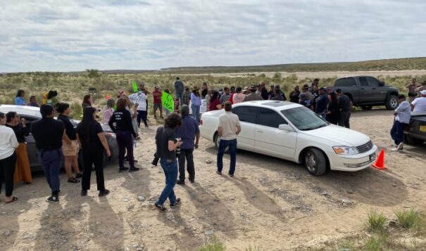 A group of Navajo landowners protesting against the buffer zone around Chaco Canyon confront activists near a road block on County Road 7950 east of Chaco Culture National Park on Sunday, June 11, 2023. (Aliyah Chavez, ICT)