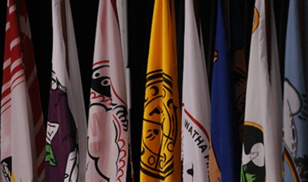 Flags from Canada's First Nations fly at the Assembly of First Nations, which represents hundreds of thousands of Indigenous people in Canada from more than 600 First Nations communities. (Courtesy of Assembly of First Nations, 2019 File Photo)