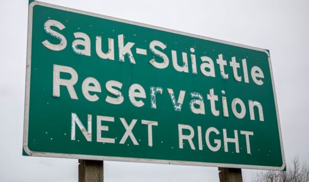 A sign near the Sauk-Suiattle Reservation in Darington, Washington on Thursday, March 23, 2023. (Annie Barker / The Herald)