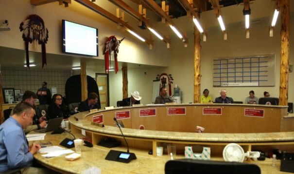 Members of the State-Tribal Relations Committee meet at the Sisseton Wahpeton Oyate headquarters in Agency Village on June 26, 2023. (Makenzie Huber/South Dakota Searchlight)