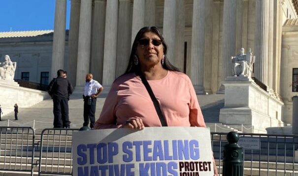Bobbie Hamilton, Cheyenne and Arapaho Tribes, traveled 1,300 miles from Oklahoma to show support for the Indian Child Welfare Act in front of the U.S. Supreme Court in Washington, D.C., on November 9, 2022. (Photo by Jourdan Bennett-Begaye, ICT)