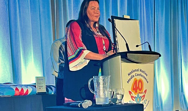 Jodi Rave Spotted Bear addresses about 400 Canadian and U.S. journalists on Aug. 12 during her acceptance speech of the inaugural Tim Giago Free Press Award. The awards banquet took place during the 40th Annual National Native Media Conference  in Winnipeg, Manitoba. Photo/Indigenous Journalists Association