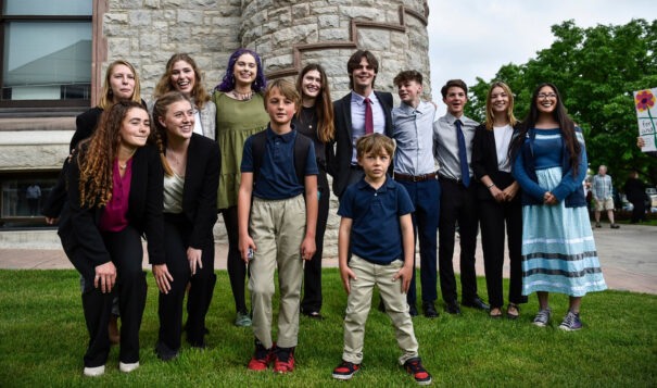 Youth plaintiffs in the climate change lawsuit, Held vs. Montana, pose for a photo outside the Lewis and Clark County Courthouse on June 12, 2023, the first day of hearings in the trial. Credit: Thom Bridge / Independent Record