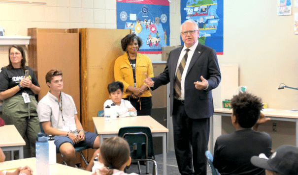 Minnesota Gov. Tim Walz on July 19, 2023, taught a fourth grade class a science lesson about the food chain at the Eagle Ridge Middle School in Savage. (Michelle Griffith, Minnesota Reformer)