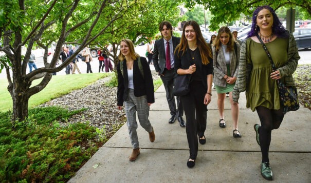 Youth plaintiffs in the climate change lawsuit Held vs. Montana arrive at the Lewis and Clark County Courthouse on June 12, 2023, for the first day of hearings in the trial. Credit: Thom Bridge / Independent Record