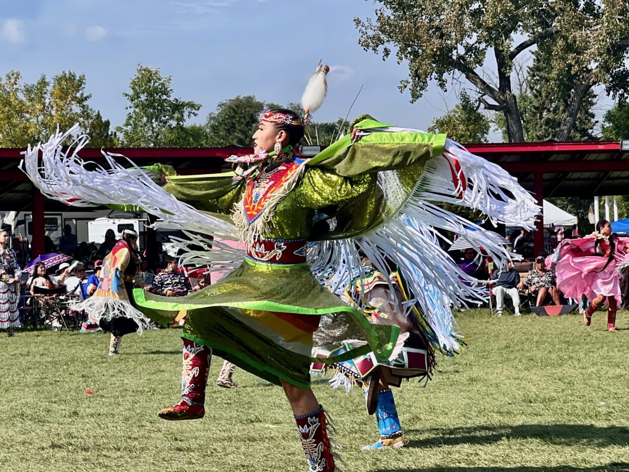 Mandan, Hidatsa and Arikara Nation dancer Eahtosh Bird, from Sioux Falls, S.D., wins first place in Junior Women’s Fancy category Sept. 10. The contest took place during the United Tribes Technical College’s 53rd Annual powwow in Bismarck, N.D. Photo by Jodi Rave Spotted Bear