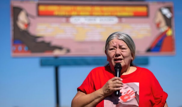 Kaysera Stops Pretty Places' grandmother, Yolanda Fraser speaks during a dedication ceremony for a billboard in support of the Missing and Murdered Indigenous People movement on Tuesday, Aug. 29, 2023, along I-90 in Hardin, Mont. (Mike Clark, AP)