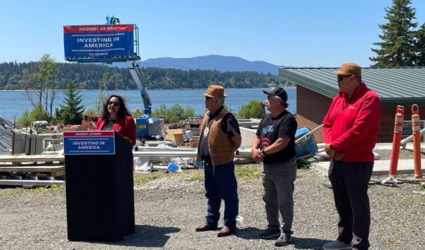 EPA Assistant Administrator Radhika Fox announces new instrastructure funds on June 28, 2023, for Native water projects at the sit of a new $18 million Lummi Nation wastewater treatment plant now under construction in Washington state. She is joined by three Lummi Nation officials - Council member Henry Cagey, Treasurer Cliff Culture and Vice Chariman Terrenace Adams. "This brand new facility represents a shared commitment to cleaning up Puget Sound,” Casey Sixkiller, EPA Region 10 administrator, said. (Photo courtesy of Environmental Protection Agency)